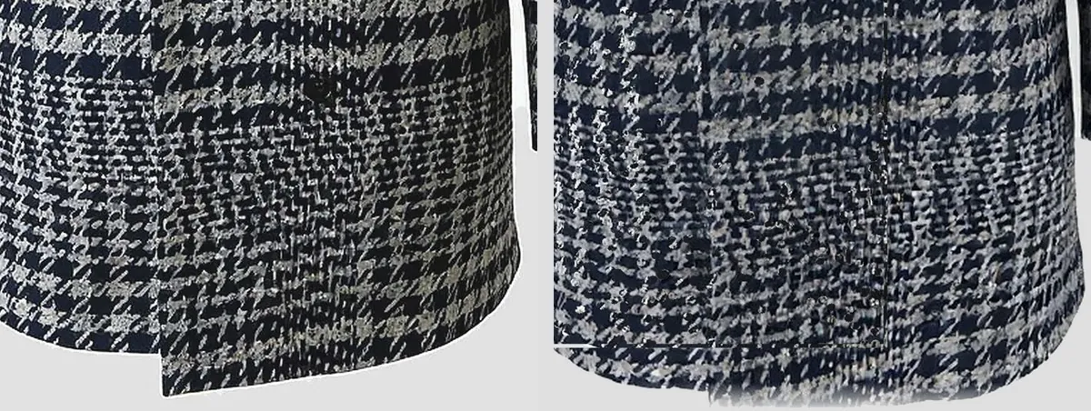 Confronto ravvicinato sul fondo di un cappotto a quadri: a sinistra il bordo netto, a destra lo stesso bordo frastagliato e con la trama sgranata