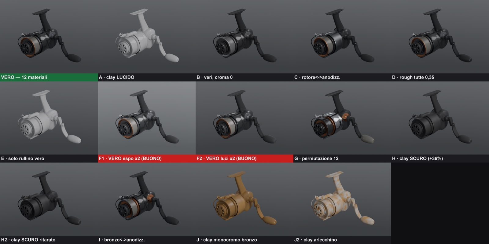 Contact sheet di varianti di look-dev 3D affiancate per il confronto: il sistema le produce e le allinea, la scelta la fa una persona.
