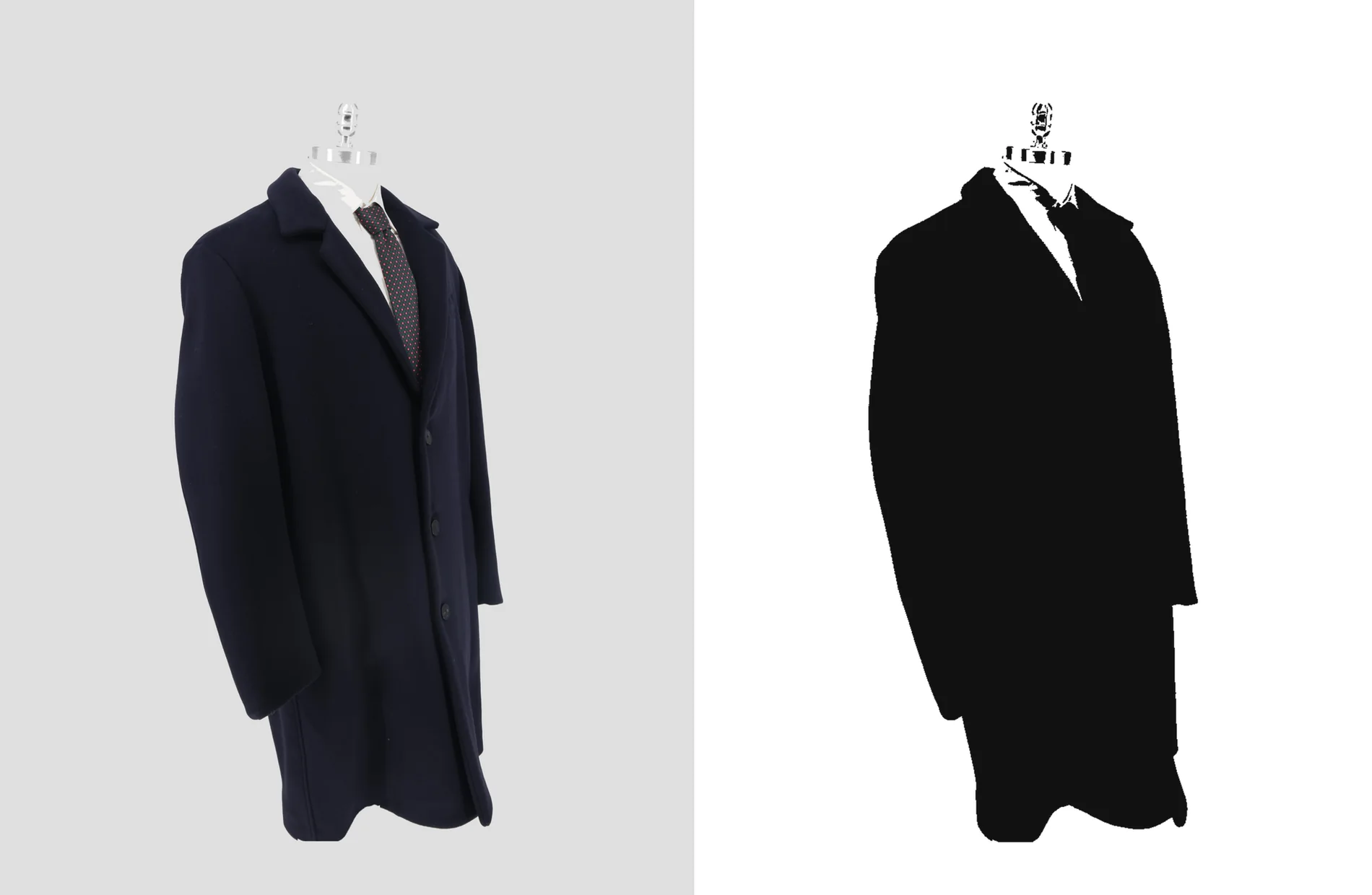A sinistra un cappotto blu su manichino, a destra la maschera di selezione calcolata dal modello: sagoma nera piena del capo su fondo bianco