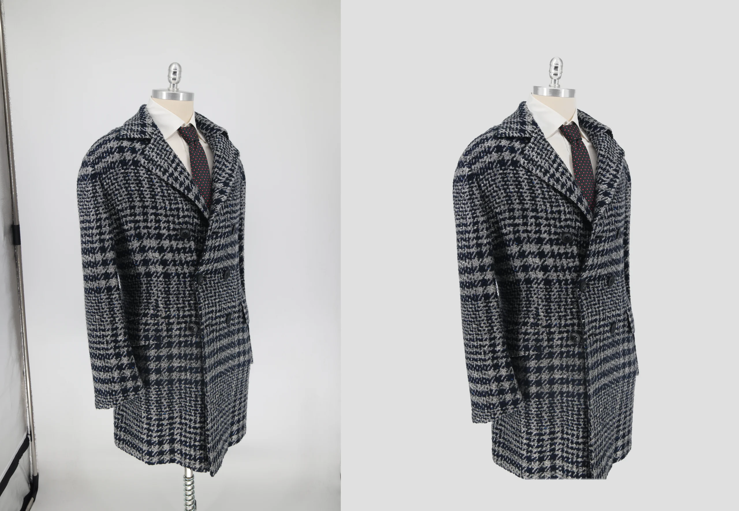 Cappotto doppiopetto a quadri blu e grigi ripreso di tre quarti: a sinistra lo scatto con il fondale, a destra il capo isolato su fondo grigio uniforme