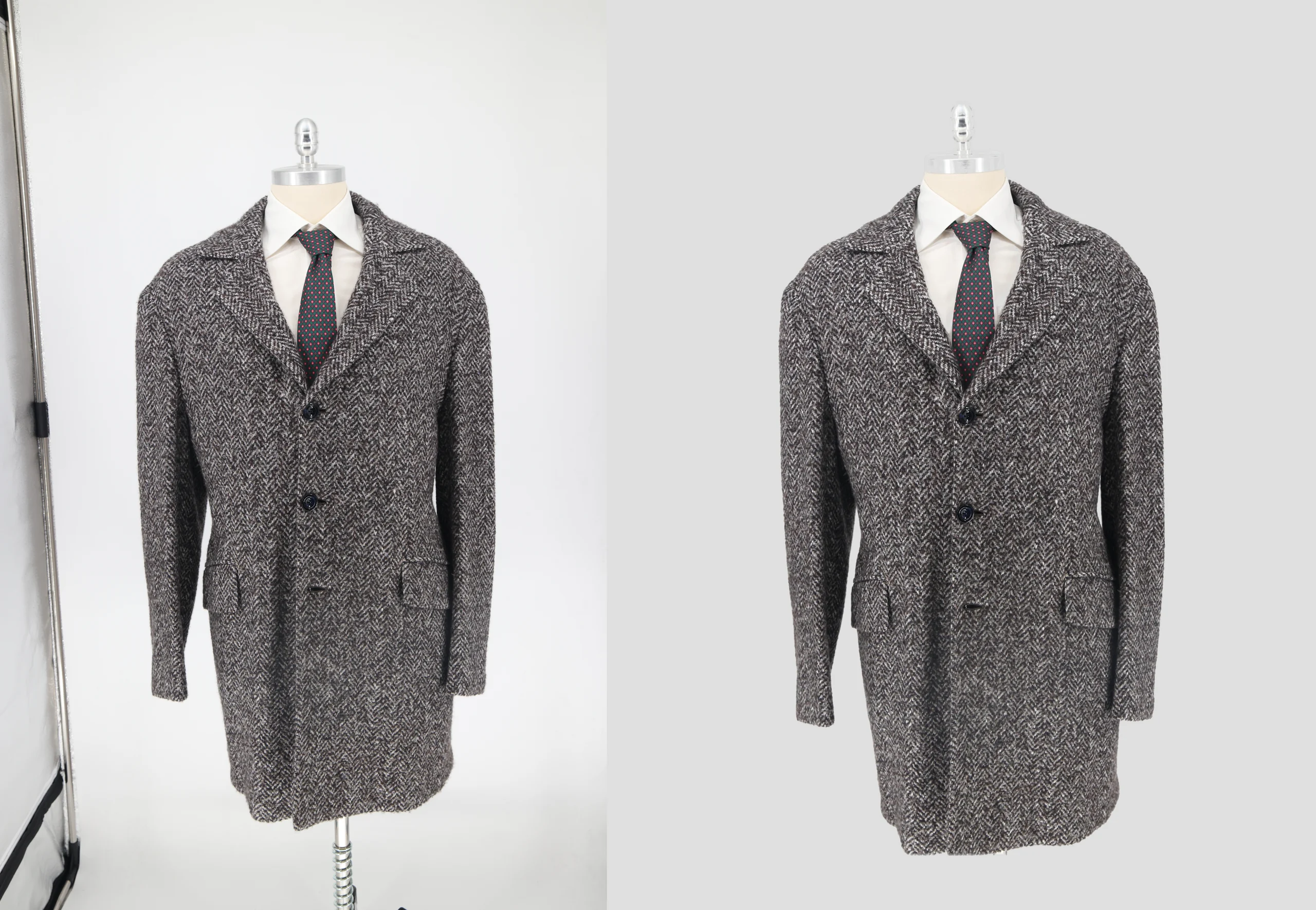 Cappotto in tweed spinato grigio scuro: a sinistra lo scatto originale con i bordi del fondale, a destra il capo isolato con la trama del tessuto integra