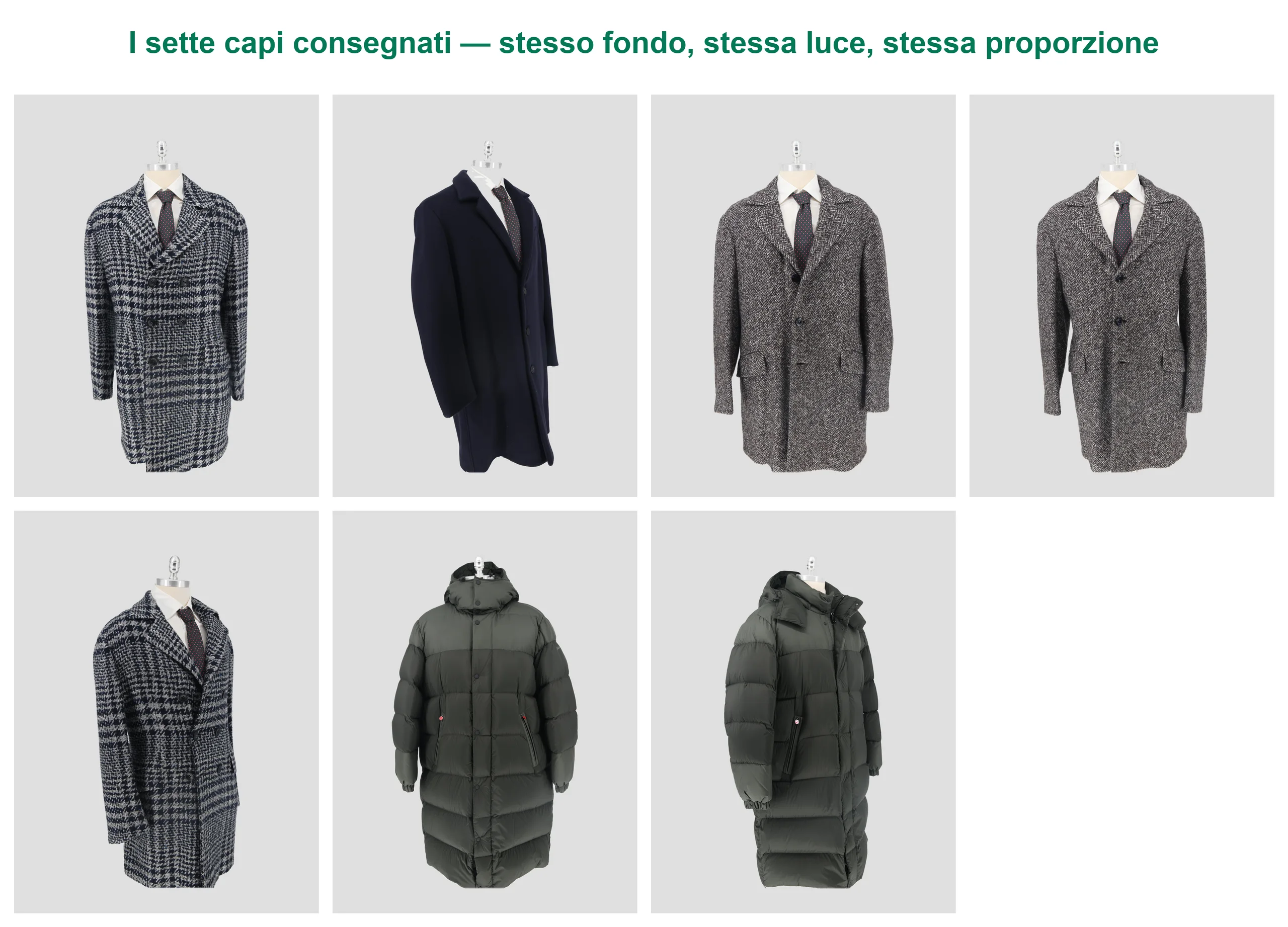 Tavola dei sette capispalla consegnati: due cappotti a quadri, uno blu, due in tweed spinato e due piumini, tutti sullo stesso fondo grigio